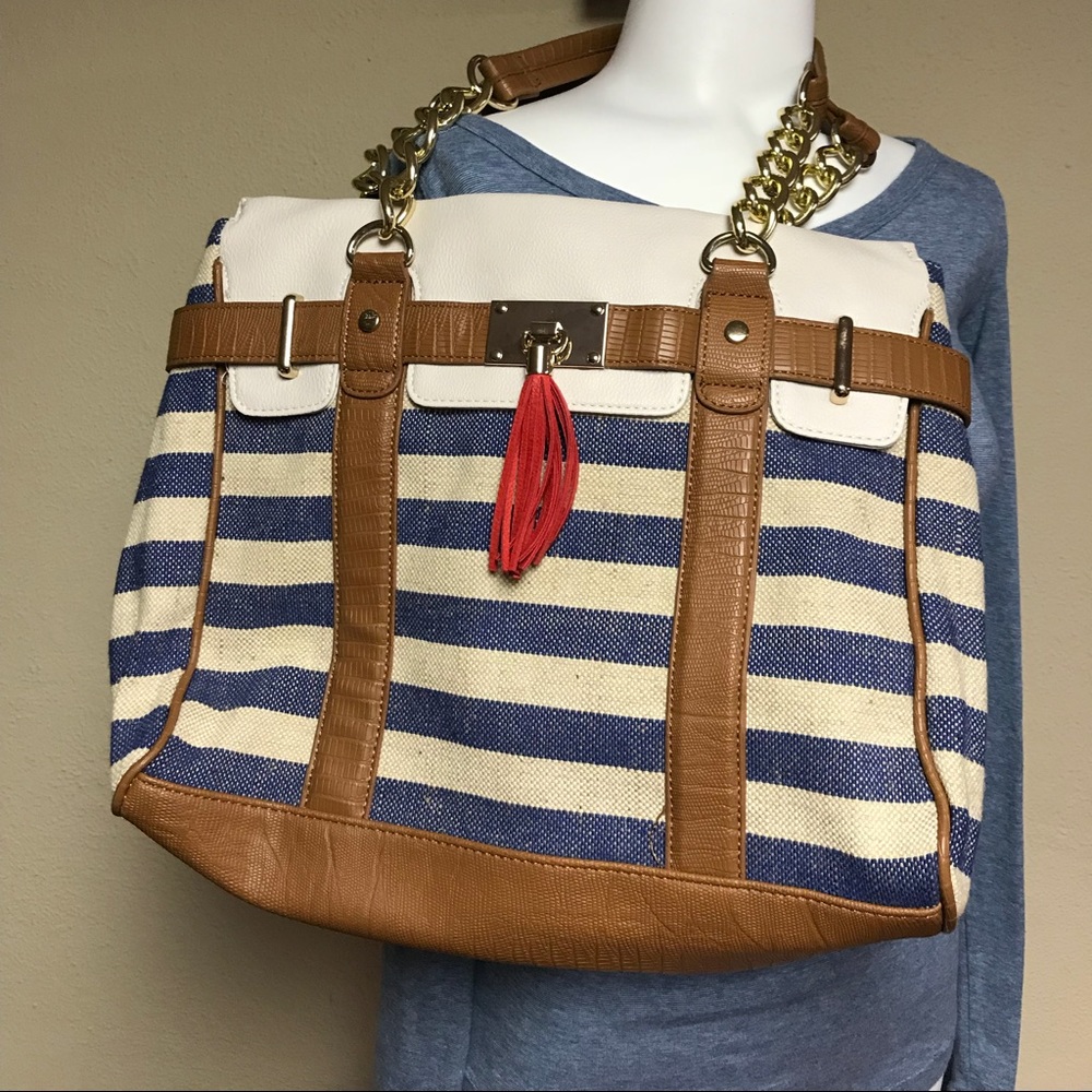 Nearly New Aldo Denim striped fabric tote.